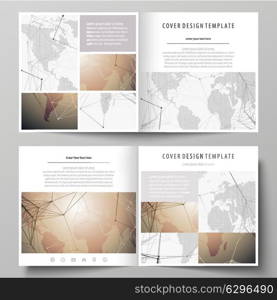 The minimalistic vector illustration of the editable layout of two covers templates for square design brochure, flyer, booklet. Global network connections, technology background with world map.. The minimalistic vector illustration of the editable layout of two covers templates for square design brochure, flyer, booklet. Global network connections, technology background with world map