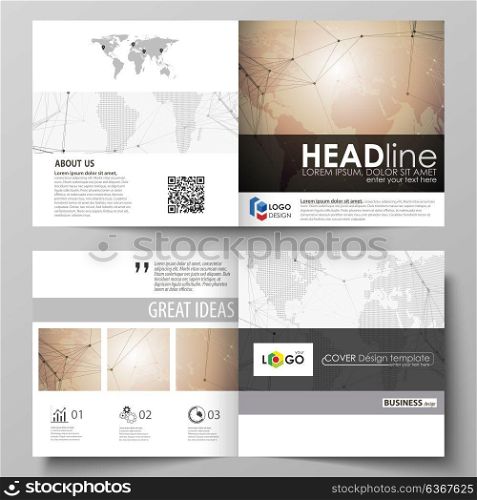 The minimalistic vector illustration of the editable layout of two covers templates for square design brochure, flyer, booklet. Global network connections, technology background with world map.. The minimalistic vector illustration of the editable layout of two covers templates for square design brochure, flyer, booklet. Global network connections, technology background with world map