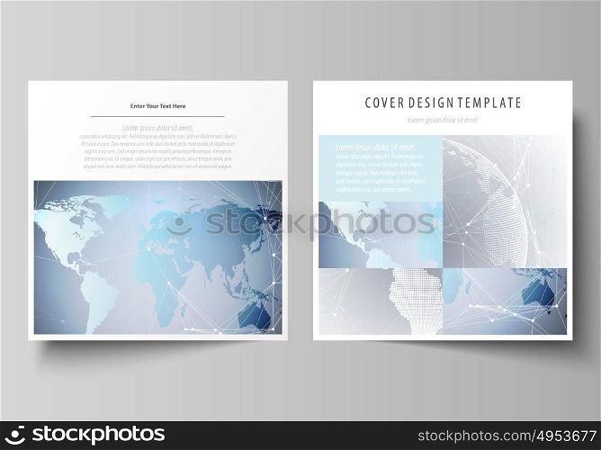 The minimalistic vector illustration of the editable layout of two square format covers design templates for brochure, flyer, booklet. Technology concept. Molecule structure, connecting background.. The minimalistic vector illustration of the editable layout of two square format covers design templates for brochure, flyer, booklet. Technology concept. Molecule structure, connecting background