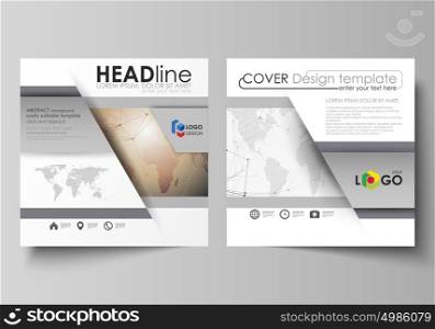 The minimalistic vector illustration of the editable layout of two square format covers design templates for brochure, flyer, magazine. Global network connections, technology background with world map. The minimalistic vector illustration of the editable layout of two square format covers design templates for brochure, flyer, magazine. Global network connections, technology background with world map.