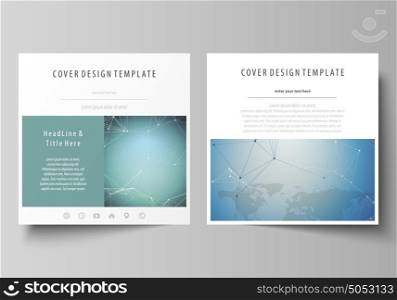 The minimalistic vector illustration of the editable layout of two square format covers design templates for brochure, flyer, magazine. Chemistry pattern, connecting lines and dots. Medical concept.. The minimalistic vector illustration of the editable layout of two square format covers design templates for brochure, flyer, magazine. Chemistry pattern, connecting lines and dots. Medical concept