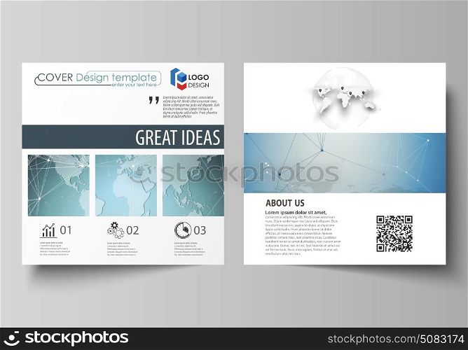 The minimalistic vector illustration of the editable layout of two square format covers design templates for brochure, flyer, booklet. Chemistry pattern, connecting lines and dots. Medical concept.. The minimalistic vector illustration of the editable layout of two square format covers design templates for brochure, flyer, booklet. Chemistry pattern, connecting lines and dots. Medical concept