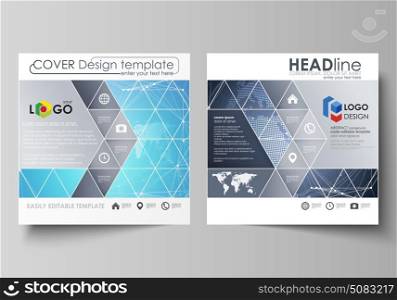 The minimalistic vector illustration of the editable layout of two square format covers design templates for brochure, flyer, booklet. Abstract global design. Chemistry pattern, molecule structure.. The minimalistic vector illustration of the editable layout of two square format covers design templates for brochure, flyer, booklet. Abstract global design. Chemistry pattern, molecule structure