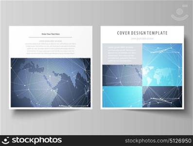 The minimalistic vector illustration of the editable layout of two square format covers design templates for brochure, flyer, magazine. Abstract global design. Chemistry pattern, molecule structure.. The minimalistic vector illustration of the editable layout of two square format covers design templates for brochure, flyer, magazine. Abstract global design. Chemistry pattern, molecule structure