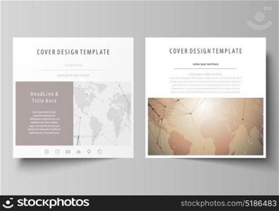 The minimalistic vector illustration of the editable layout of two square format covers design templates for brochure, flyer, booklet. Global network connections, technology background with world map.. The minimalistic vector illustration of the editable layout of two square format covers design templates for brochure, flyer, booklet. Global network connections, technology background with world map