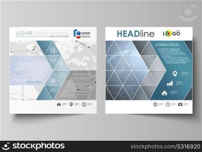 The minimalistic vector illustration of the editable layout of two square format covers design templates for brochure, flyer, booklet. World globe on blue. Global network connections, lines and dots.. The minimalistic vector illustration of the editable layout of two square format covers design templates for brochure, flyer, booklet. World globe on blue. Global network connections, lines and dots