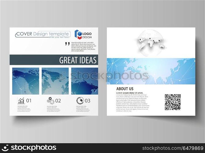 The minimalistic vector illustration of the editable layout of two square format covers design templates for brochure, flyer, booklet. World map on blue, geometric technology design, polygonal texture. The minimalistic vector illustration of the editable layout of two square format covers design templates for brochure, flyer, booklet. World map on blue, geometric technology design, polygonal texture.