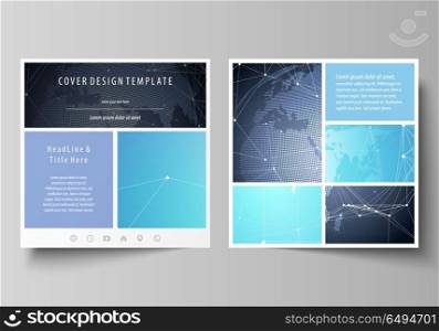 The minimalistic vector illustration of the editable layout of two square format covers design templates for brochure, flyer, magazine. Abstract global design. Chemistry pattern, molecule structure.. The minimalistic vector illustration of the editable layout of two square format covers design templates for brochure, flyer, magazine. Abstract global design. Chemistry pattern, molecule structure