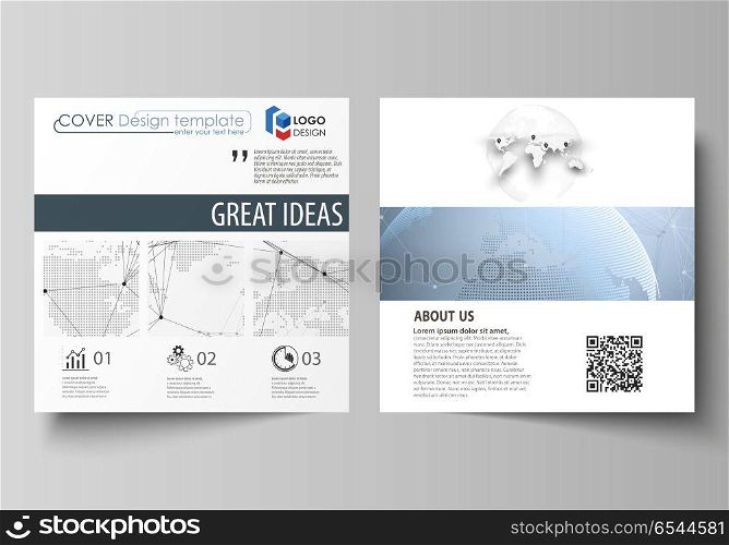 The minimalistic vector illustration of the editable layout of two square format covers design templates for brochure, flyer, booklet. World globe on blue. Global network connections, lines and dots.. The minimalistic vector illustration of the editable layout of two square format covers design templates for brochure, flyer, booklet. World globe on blue. Global network connections, lines and dots