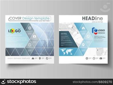 The minimalistic vector illustration of the editable layout of two square format covers design templates for brochure, flyer, booklet. World globe on blue. Global network connections, lines and dots. The minimalistic vector illustration of the editable layout of two square format covers design templates for brochure, flyer, booklet. World globe on blue. Global network connections, lines and dots.