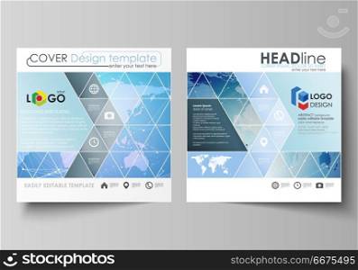 The minimalistic vector illustration of the editable layout of two square format covers design templates for brochure, flyer, booklet. World map on blue, geometric technology design, polygonal texture. The minimalistic vector illustration of the editable layout of two square format covers design templates for brochure, flyer, booklet. World map on blue, geometric technology design, polygonal texture.