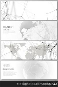 The minimalistic vector layout of headers, banner design templates. Futuristic geometric design with world globe, connecting lines and dots. Global network connections, technology digital concept. The minimalistic vector layout of headers, banner design templates. Futuristic geometric design with world globe, connecting lines and dots. Global network connections, technology digital concept.