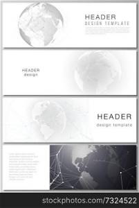 The minimalistic vector layout of headers, banner design templates. Futuristic geometric design with world globe, connecting lines and dots. Global network connections, technology digital concept. The minimalistic vector layout of headers, banner design templates. Futuristic geometric design with world globe, connecting lines and dots. Global network connections, technology digital concept.