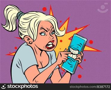 The mobile phone bit the woman&rsquo;s finger. Beautiful girl uses a smartphone, touchscreen phone screen. comic cartoon kitsch vintage style hand drawing illustration. The mobile phone bit the woman&rsquo;s finger. Beautiful girl uses a smartphone, touchscreen phone screen