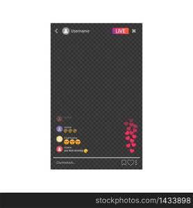 The mockup is live streaming. Streaming video with emoji. The template for the the social network. stream interface.. Mockup is live streaming. Streaming video. The template for the the social network on isolated white background. EPS 10 vector