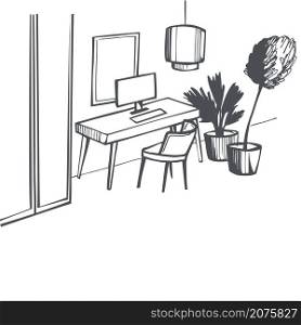 The modern interior of home office. Vector sketch illustration.. Home office. Sketch illustration.