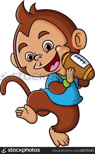 The monkey rugby player is holding a rugby ball and throw