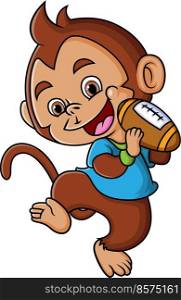 The monkey rugby player is holding a rugby ball and throw