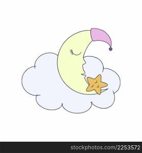 The moon and the star sleep on a cloud. Vector illustration in the doodle style for children.