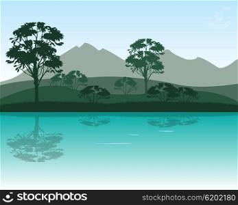 The Morning on calm river in mountain.Vector illustration. Morning on river