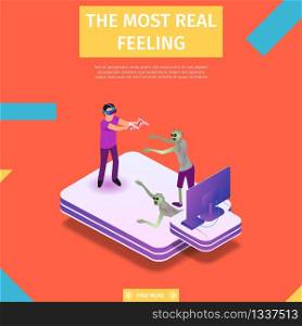 The Most Real Feeling Square Banner. Virtual Reality Composition. Man in Headset and Goggles Immersing in Vr World Holding Motion Controller Fight with Monsters 3D Flat Vector Isometric Illustration. Man in VR Goggles Fighting with Computer Monsters