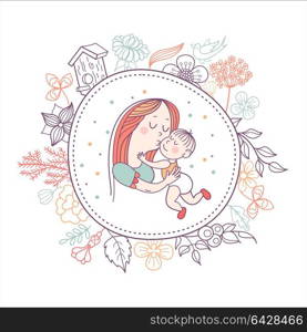 The mother and her child. Linear vector illustration. Floral wreath of herbs and flowers. Logo of a happy motherhood and childhood. Happy family.
