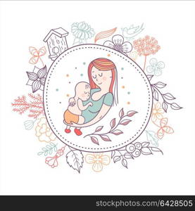 The mother and her child. Linear vector illustration. Floral wreath of herbs and flowers. Logo of a happy motherhood and childhood. Happy family.