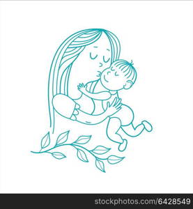 The mother and her child. Linear vector illustration. Logo of a happy motherhood and childhood. Happy family.