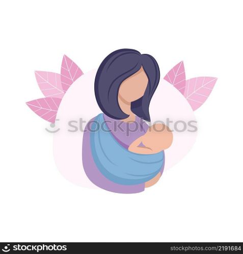 The mother holds the child in a sling. Mother and newborn baby. Pregnancy, childbirth, motherhood. Vector flat cartoon illustration. The concept of Family and maternal love. Drawing for a web page