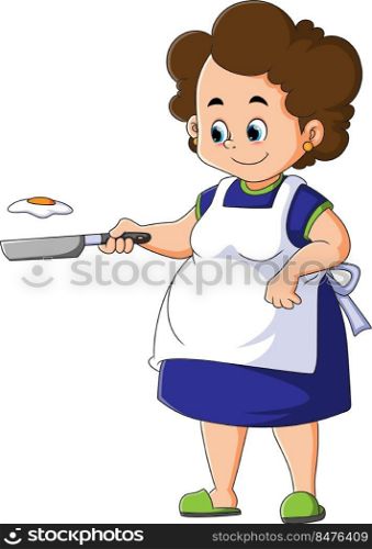 The mother is cooking the egg with the pan in the kitchen 