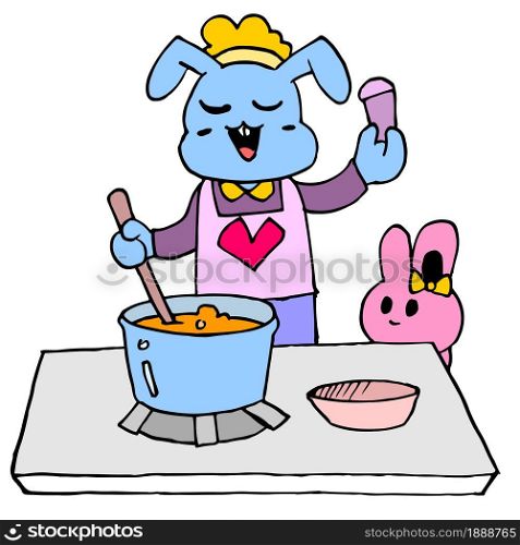 the mother rabbit is cooking food for her child. cartoon illustration sticker mascot emoticon