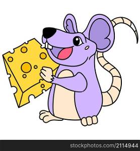 the mouse happily brings a slice of cheese to eat