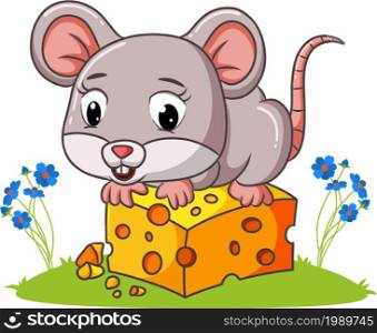 The mouse is sitting on the grass in the garden of illustration