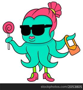 the multi armed female octopus wears sunglasses carrying a lollipop