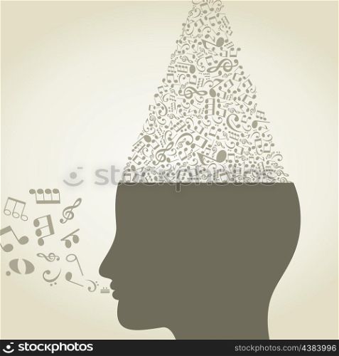 The musical note in a head. A vector illustration