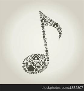The musical note made of houses. A vector illustration