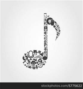 The musical note made of music subjects. A vector illustration