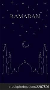 The Muslim feast of the holy month of Ramadan Kareem. Vector greetings design illustration with mosque dome silhouette, stars and crescent for your invitation card, banner, flyer, poster design, template. 