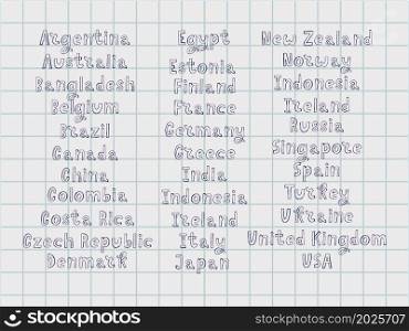 The names of the countries of the world. European cities. Hand letter. The names of the countries of the world. European countries. Hand lettering.