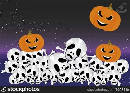 The night of halloween horror - illustration with skulls, bones and pumpkins, every element is isolated useable