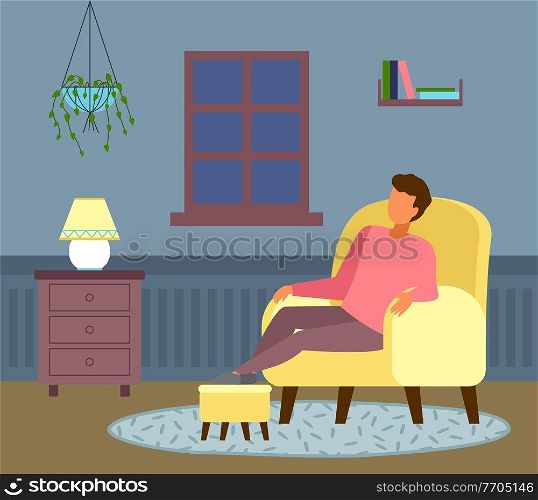 The night outside the window, man dozes off. Relaxing at home. Cozy living room interior, oval fleecy rug, armchair, bedside table with a cute yellow floor l&, hanging home plant. Flat illustration. The young man sits in a yellow chair at home. Man puts his foot on the leash. Flat vector image