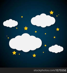 The night sky is full of clouds, moons, and yellow stars. icon-vector