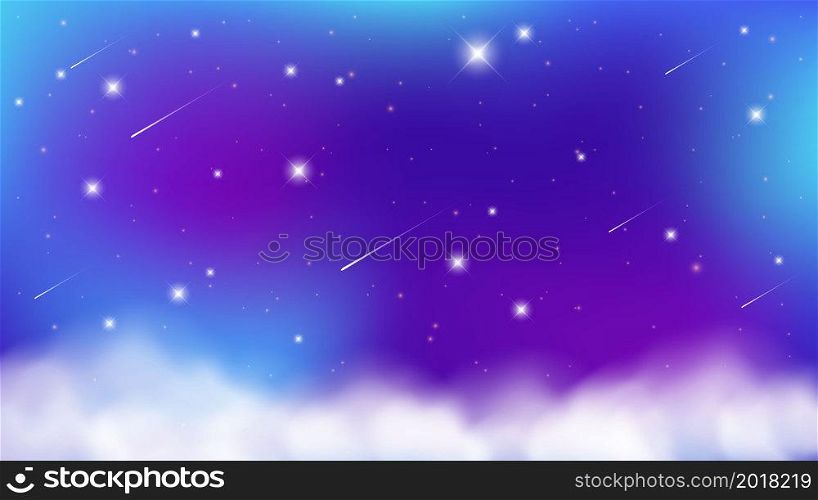 The night sky with clouds and glowing stars. Magical landscape, abstract fabulous pattern. Magic universe background. Vector. The night sky with clouds and glowing stars. Magical landscape, abstract fabulous pattern. Magic universe background. Vector.
