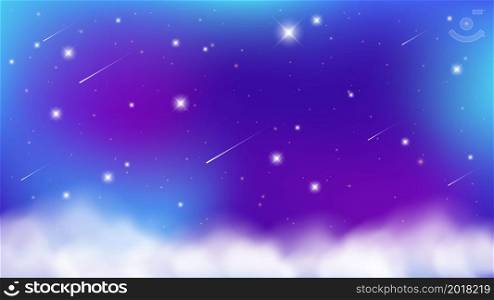 The night sky with clouds and glowing stars. Magical landscape, abstract fabulous pattern. Magic universe background. Vector. The night sky with clouds and glowing stars. Magical landscape, abstract fabulous pattern. Magic universe background. Vector.