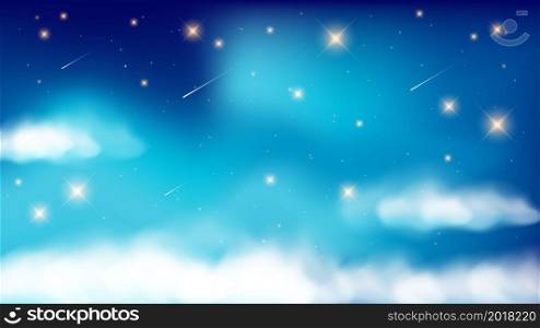 The night sky with clouds and glowing stars. Magical landscape, abstract fabulous pattern. Magic universe background. Vector.. The night sky with clouds and glowing stars. Magical landscape, abstract fabulous pattern. Magic universe background. Vector