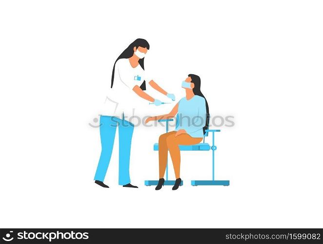 The nurse vaccinates the woman in a doctor's office. The concept of health protection through preventive vaccinations. Flat vector illustration.