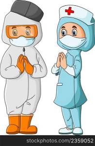 The nurse with the safety costume giving the greeting in the eid mubarak 