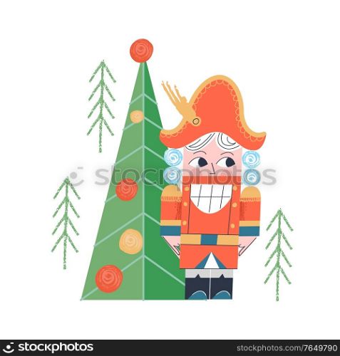 The Nutcracker near the Christmas tree. Christmas wooden toy Nutcracker. Vector illustration.. Nutcracker. Christmas tree decoration. Vector illustration.