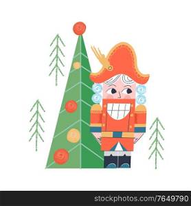 The Nutcracker near the Christmas tree. Christmas wooden toy Nutcracker. Vector illustration.. Nutcracker. Christmas tree decoration. Vector illustration.