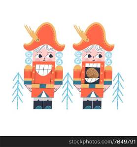 The Nutcracker smiles. Nutcracker with a nut in his mouth. Christmas wooden toy. Vector illustration.. Nutcracker. Christmas tree decoration. Vector illustration.